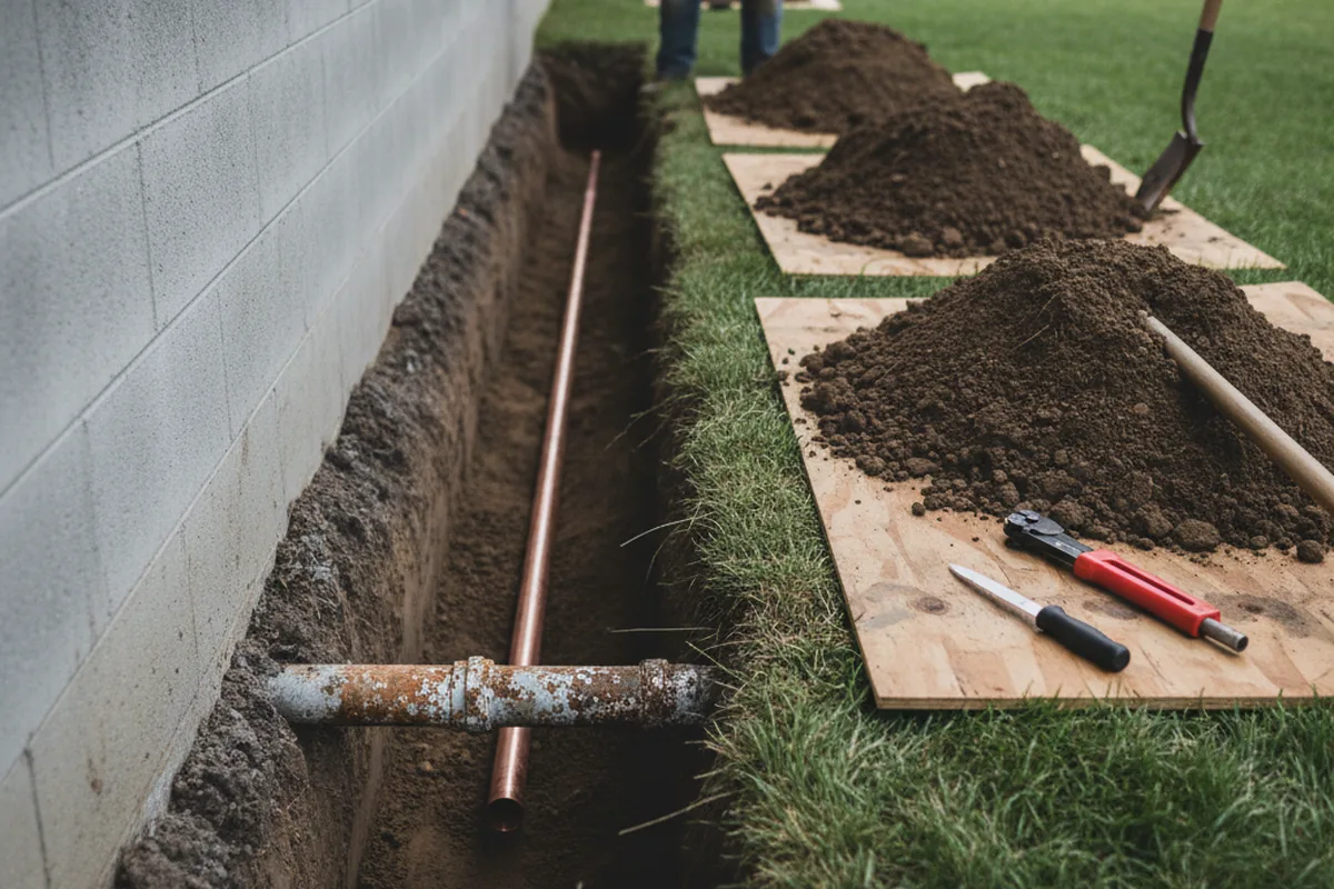 Excavated water line trench during Water Softener Installation in Gilbertsville